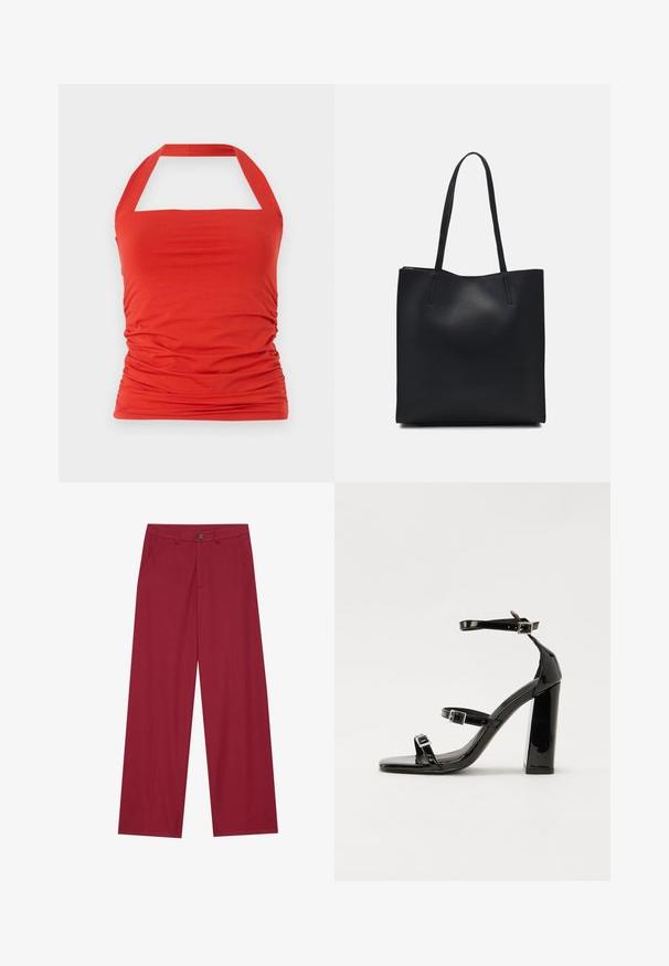 Sarkana halter blūze no mīksta, elastīga auduma ar savilkuma detaļām sānos. Iespējamā kvadrātveida kakla izgriezums un halteru siksnas.; Platas kāju bikses, izgatavotas no gludas, teksturētas auduma dziļā sarkanu krāsā. Iekļauj priekšējās kabatas un vienu pogu aizdari jostasvietā.; Melnas lakotas augstpapēžu čības ar kvadrāta purngalu, potīšu siksniņām un sudraba sprādzēm. Aprīkotas ar masīvu bloku papēdi stabilitātei.; Melnas ādas somiņa ar gludu tekstūru, taisnstūra formu un divām garām rokturiem. Nav redzamu aparatūras vai rotājumu.