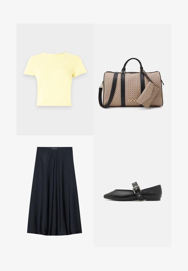 Kratka majica s kratkimi rokavi iz svetlo rumene bombažne tkanine, ki ima klasičen okrogel izrez in gladko teksturo, primerna za vsakodnevno nošenje.; Črna krila do kolen, izdelana iz lahkotnega blaga s sproščenim dizajnom. Ima gladko teksturo in subtilne gube za dodatne podrobnosti.; Črne usnjene balerinke s špičastim viškom, stransko zaponko s srebrno zaponko in nizkem peto. Gladka tekstura in minimalističen dizajn.; Nahrbtnik z bež vzorčasto zunanjostjo, črnimi usnjenimi trakovi, zlatimi dodatki in majhnim ujemajočim se etuijem pritrjenim na njem. Strukturna zasnova.; Zlato obarvana pravokotna ročna ura z belo številčnico, srebrnimi kazalci in trdno kovinsko zapestnico. Vključena je vodoodporna funkcija.