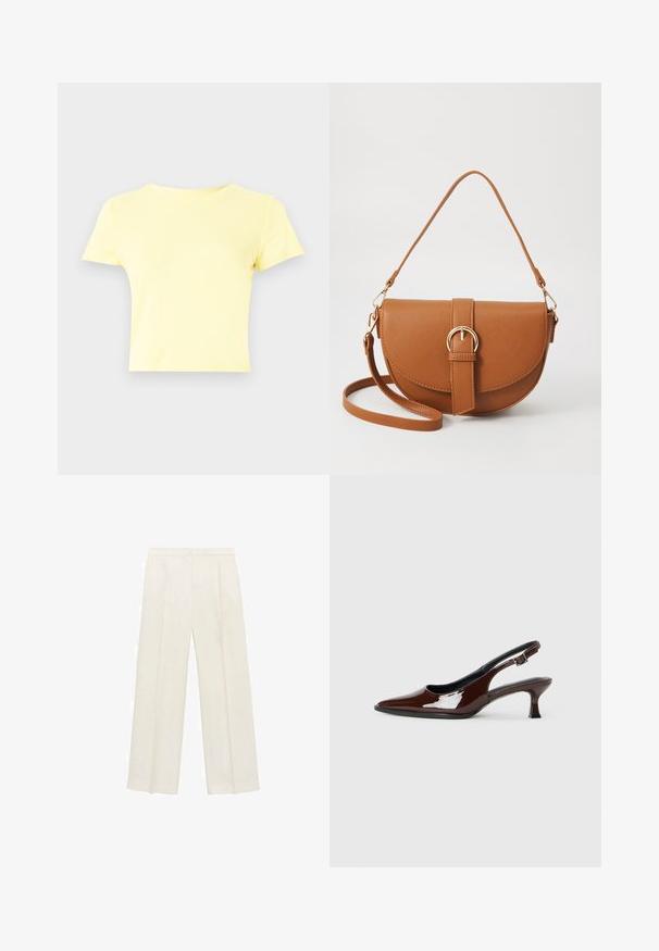 Kratka majica s kratkimi rokavi iz svetlo rumene bombažne tkanine, ki ima klasičen okrogel izrez in gladko teksturo, primerna za vsakodnevno nošenje.; Hlače širokih nogavic v svetli kremni barvi. Narejene iz gladkega materiala s plitkimi naborki spredaj in stranskimi žepi.; Rjavi lakirani slingback čevelj z ostro konico in zmerno peto. Ima zaponko za varno prileganje. Gladka tekstura.; Rjava usnjena torbica prek telesa s ukrivljeno obliko, zlate opreme in sponko. Ima odstranljiv naramni trak.