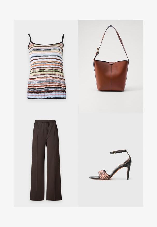 Daugiakryptė tankų marškinėliai su horizontaliomis juostelėmis oranžinės, mėlynos, žalios ir juodos spalvos. Pagaminti iš lengvos medžiagos, su plonomis petnešomis.; Tamsiai rudos spalvos plačios kelnių kelnės iš elastinės medžiagos, turinčios lygų paviršių ir švarias linijas, suteikiančias pritaikytą išvaizdą.; Juodi kulniukai su užtrauktuku ant kulkšnies. Yra tekstūruota, daugiaspalvė audinio juosta per pirštus. Lygus odos paviršius.; Ruda odinė petinė rankinė su kreivam formu, lygia tekstūra ir viena plona juosta. Yra švelni siūlė ir mažas logotipo elementas.