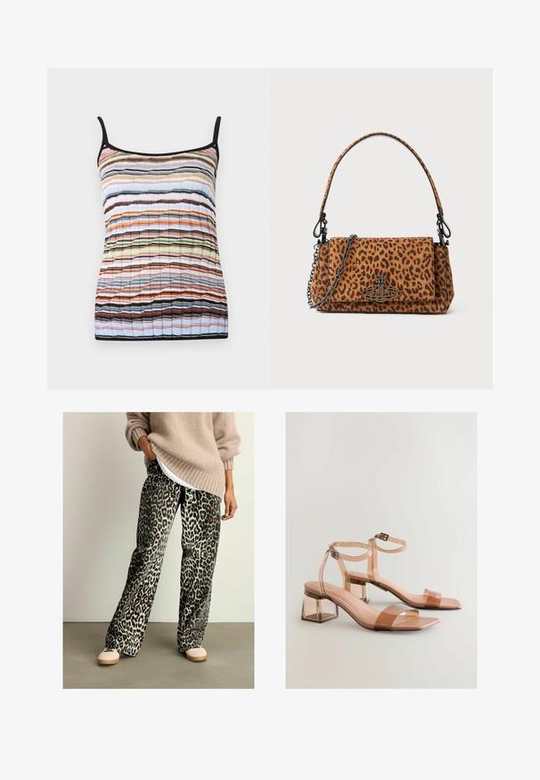 Krāsains bezpiedurkņu topiņš ar horizontālām svītrām oranžā, zilā, zaļā un melnā krāsā. Izgatavots no viegla auduma ar plānām plecu siksnām.; Leoparda raksta plati svārki, izgatavoti no mīksta auduma, ar melnbaltu rakstu, apvienoti ar brīvu bēšu džemperi un gaišām kurpēm.; Caurspīdīgas sandales ar blokveida papēžiem, nude krāsas siksnām, kvadrātveida pirkstiem un regulējamiem potītes siksniņām; gluda tekstūra un spīdīga apdare.; Leoparda raksta roka somiņa, izgatavota no zamšādas, ar īsu rokturi, ķēdes siksnu un melnu metāla aizdari. Taisnstūra forma ar pārklājuma aizdari.