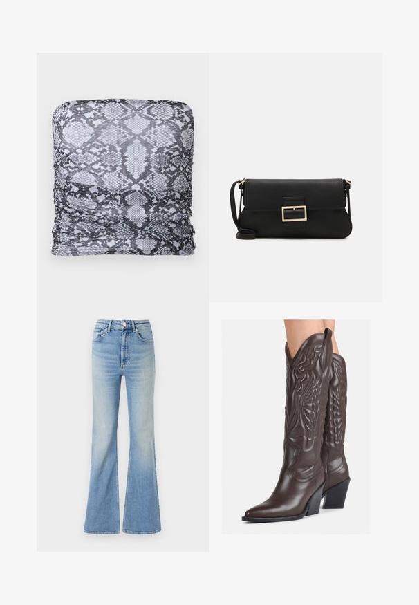 ONLY ONLAMY TUBE - Top - white; Helle blaue Schlagjeans aus Denim mit hoher Taille, fünf Taschen und subtilem Farbverlauf bis zum Saum.; Braune Leder-Cowboy-Stiefel mit spitzem Punkt und Blockabsatz, die über detaillierte Stickereien und hervorgehobene Akzente am Schaft verfügen.; Schwarze Leder-Clutch mit Klappe und goldfarbenem Metallschnallen-Detail. Enthält einen schwarzen Riemen und ein schlankes, minimalistisches Design.; Silberne Creolen mit gedrehter Gestaltung, ausgestattet mit einer polierten Oberfläche und einer Steckverschluss. Sie haben einen Durchmesser von ca. 3 cm.