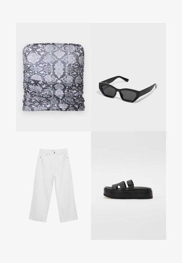 ONLY ONLAMY TUBE - Toppi - white; Valkoiset leveälahkeiset farkut, joissa on korkea vyötärö. Tämä malli sisältää viisi taskua ja metallisia yksityiskohtia. Kankaan pinta on sileä, ilman näkyviä kuvioita.; Mustat alustan sandaalit, joissa on kaksi leveää hihnaa, valmistettu sileästä materiaalista. Ominaisuuksiin kuuluu paksu pohja, jossa on karhennettu pinta pitävyyden takaamiseksi.; Mustat suorakaiteen muotoiset aurinkolasit, joissa on paksut kehykset, tummat linssit ja kulmikas muotoilu. Suoraa muovimateriaalia ilman näkyviä kuvioita tai koristeita.; Monivärinen käsilaukku mustasta, valkoisesta ja beigestä verkosta. Siinä on teksturoitu kahva, nauhatyyppinen muotoilu ja irrotettava olkahihna.