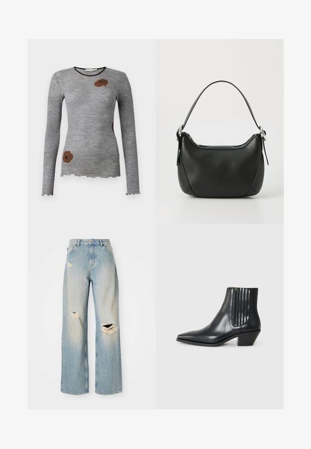 Grijze geribde lange mouwen top met een ronde halslijn en een gegolfde zoom, met een bruine bloemenontwerp op de voorkant.; Lichtblauwe rechte spijkerbroek met hoge taille, riemlussen en versleten scheuren op de linker bovenbeen, rechterknie en onder linkerpijp.; Zwarte leren enkellaars met spitse neus, elastische zijpanelen met verticale groeven en een lage blokhak. Glad oppervlak en slank ontwerp.; Zwarte leren handtas met een gebogen vorm, zilveren rits en een korte handgreep. Bevat een subtiel logo aan de voorkant en een gladde textuur.