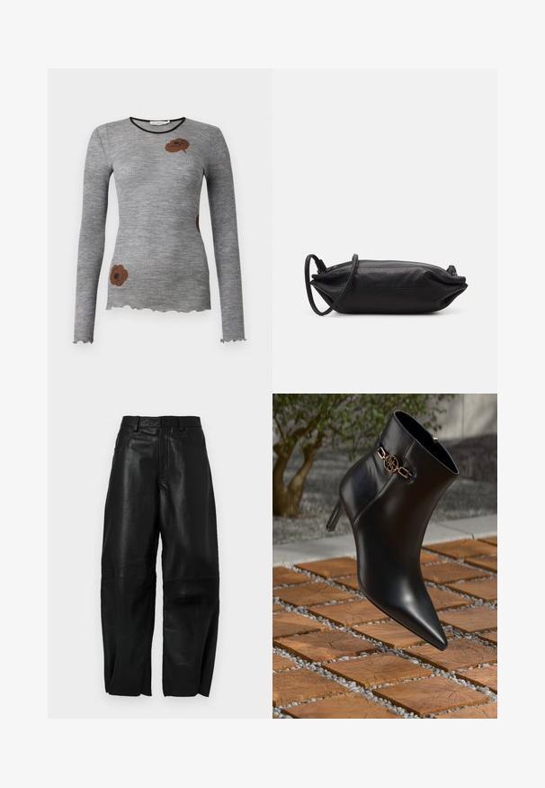 Graues, geripptes Langarmoberteil mit rundem Ausschnitt und gewelltem Saum, das ein braunes florales Design auf der Vorderseite aufweist.; Schwarze Lederhose mit lockerer Passform, geradem Bein, Fronttaschen und sichtbaren Nähten.; Schwarze Leder-Ankle-Boots mit spitzem Zehen und kleinem Absatz. Mit einem goldenen Kettenakzent am Knöchel. Umgeben von einer strukturierten Steoberfläche.; Schwarze Leder-Clutch mit rechteckiger Form, glatter Textur, dünnem Schulterriemen und minimalistischer Gestaltung.