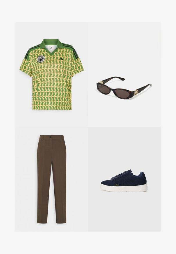 Grønn og gul kortermet polo skjorte med bananmønster, V-hals og svarte stripe på skuldrene. Har sirkulært logo på venstre bryst.; Rette brune bukser med beltehemper og en enkelt frontknapp, vist på en hvit bakgrunn.; Mørkeblå sued sneakers med såle i hvit gummi. Har avrundede lissser, lav profil design og en liten gull logo på siden.; Skilpadde-solbriller med avlange ovale linser, brun tint, gull-logo aksenter på stengene og elegante svarte armer.