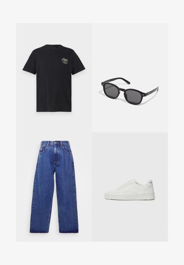 Črna bombažna majica s kratkimi rokavi in okroglo ovratnikom. Na zgornjem levem delu prsi ima majhen bel grafični napis.; Široke, modre jeans hlače z visokim pasom, ki imajo pet žepov, gumb za zapiranje in diskretno bledenje za teksturo.; Bela usnjena športna obutev z gladko površino, okroglo prst, ravne vezalke in teksturiran podplat. Ima diskretno logo na peti.; Črne ovalne sončne očala z temnimi lečami, debelimi okvirji in srebrnimi pikami na straneh. Gladek plastičen material, sodoben dizajn.