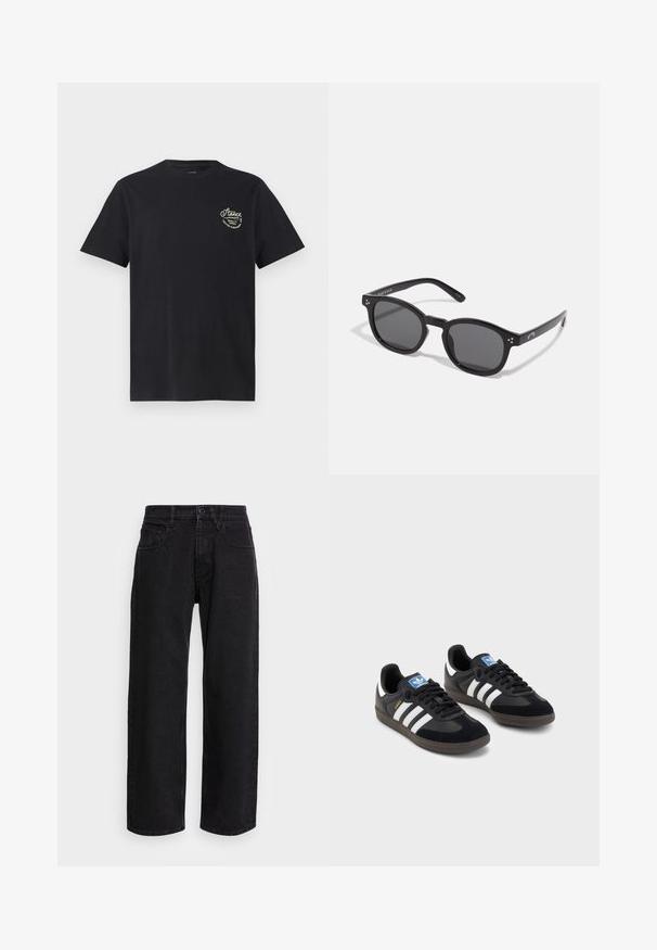 Sort bomulds T-shirt med korte ærmer og rund halsudskæring. Har et lille hvidt grafisk tekstdesign på den øverste venstre brystområde.; Sorte denim bukser med bred benlængde og høj talje, der har fem lommer og knaplukning. Stoffet har en glat tekstur og let stræk.; Sorte sneakers med en overdel i ruskind og syntetisk materiale, med tre hvide striber, struktureret gummisål og en blå logoetiket på tungen.; Sorte ovale solbriller med mørke linser, tykke rammer og sølvprikker som pynt på siderne. Glat plastmateriale, moderne design.