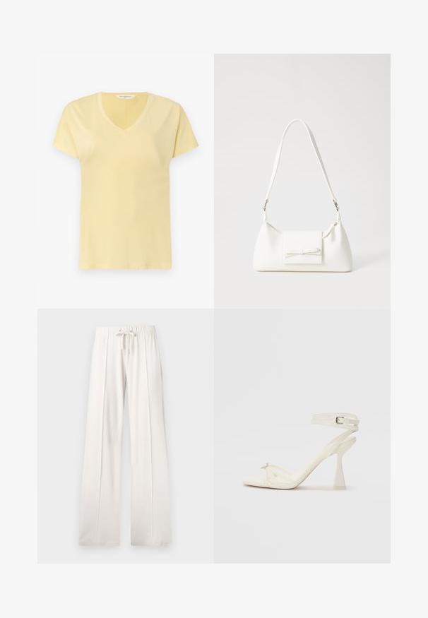 Lichtgele katoenen t-shirt met een V-hals en korte mouwen. Heeft een gladde textuur en een eenvoudig ontwerp, zonder patronen of versieringen.; Lichtbeige sweatpants van zacht materiaal, met een trekkoord in de taille, wijde pijpen en verticale naden, met een gladde textuur.; Strappy hoge hak sandaal in wit leer met een slank ontwerp, een transparante blokhak en een decoratief element bij de teen.; Witte synthetische handtas met een driehoekige vorm, platte voorklep en strikdetail, verstelbare schouderriem, gladde textuur en minimalistisch ontwerp.
