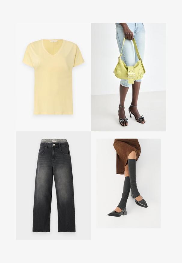 T-shirt de algodão amarelo claro com decote em V e mangas curtas. Apresenta uma textura suave e um design simples, sem padrões ou adornos.; Jeans de ganga largos pretos com uma cintura em padrão pied-de-poule. Inclui bolsos frontais e fecho de botão. Textura desgastada.; Sapatos pretos de pele lacada com biqueira pontuda, salto bloco e tiras no tornozelo, combinados com caneleiras cinzas em malha e uma saia de camurça castanha.; Bolsa perfurada amarela com detalhe de fivela e alça ajustável, combinada com calções de ganga e sandálias de salto alto pretas com laços.