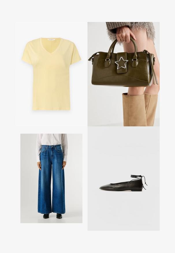 Tricou din bumbac de culoare galben deschis, cu decolteu în formă de V și mâneci scurte. Prezintă o textură netedă și un design simplu, fără modele sau embellishments.; Jeans largi de culoare albastră, cu talie înaltă, din denim, având buzunare frontale și închidere cu nasture. Textură netedă cu o spălare clasică.; Balerini din piele neagră, cu vârf ascuțit, șnur pentru glezna și talpă plată, având o textură netedă și un design minimalist.; Geantă din piele ecologică de culoare verde măslin, cu accent din stea argintie, două mânere și închidere cu fermoar. Suprafață texturată și formă structurată.