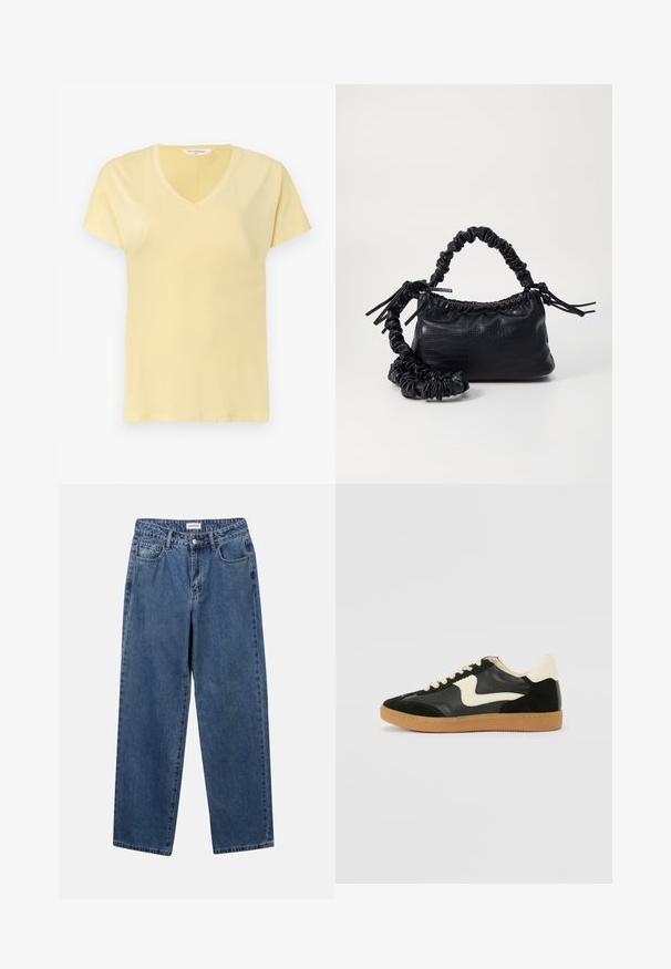 Camiseta de algodón de color amarillo claro con escote en V y mangas cortas. Cuenta con una textura suave y un diseño sencillo, sin patrones ni adornos.; Jeans de mezclilla azul clásico con un diseño de pierna recta, cinco bolsillos y cierre de botón. Presenta un lavado medio y una textura resistente.; Zapatillas de deporte de ante y cuero negro con un swoosh lateral en crema y un talón en crema claro. Presenta cordones beige y una suela de goma marrón.; Bolso de mano de imitación cuero negro con textura de cocodrilo, parte superior fruncida y correa arrugada. Presenta un diseño suave y compacto.