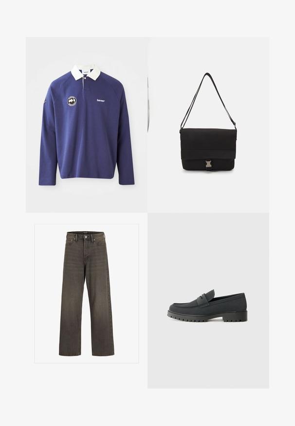 Mörkblå långärmad polo med vit krage, med en cirkulär logotyp på vänstra bröstet och broderad text "bareen". Mjukt material.; Breda jeans i mörkgrå denim, med hög midja, klassisk femficksdesign och kontrasterande sömmar längs sömmarna.; Svart loafersko med en slät, matt yta, med en rund tå och en tjock, texturerad sula. Accenterad med ett framrem.; Svart messenger väska i slät material med en vikbar klaff, silverfärgade spännen och justerbar axelrem.