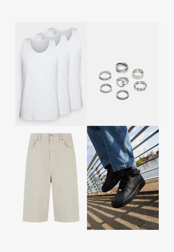 Paket treh belih majic z naramnicami, izdelanih iz bombaža, z zaobljenim ovratnikom in brezrokavnim dizajnom, gladko teksturo in standardno prileganje.; Bež traper kratke hlače s ravnim krojem, sprednjim gumbnim zapiranjem in štirimi žepi. Tkanina ima gladko teksturo in minimalne šive.; Črne Nike Air Force 1 teniske z usnjenim zgornjim delom, mrežastim jezikom in gumijastim podplatom, s posebno visoko zasnovo in debelimi vezalkami.; Set sedmih srebrnih prstanov z različnimi oblikami, vključno s prepletenimi, povezanimi in graviranimi motivi. Različne oblike in širine.