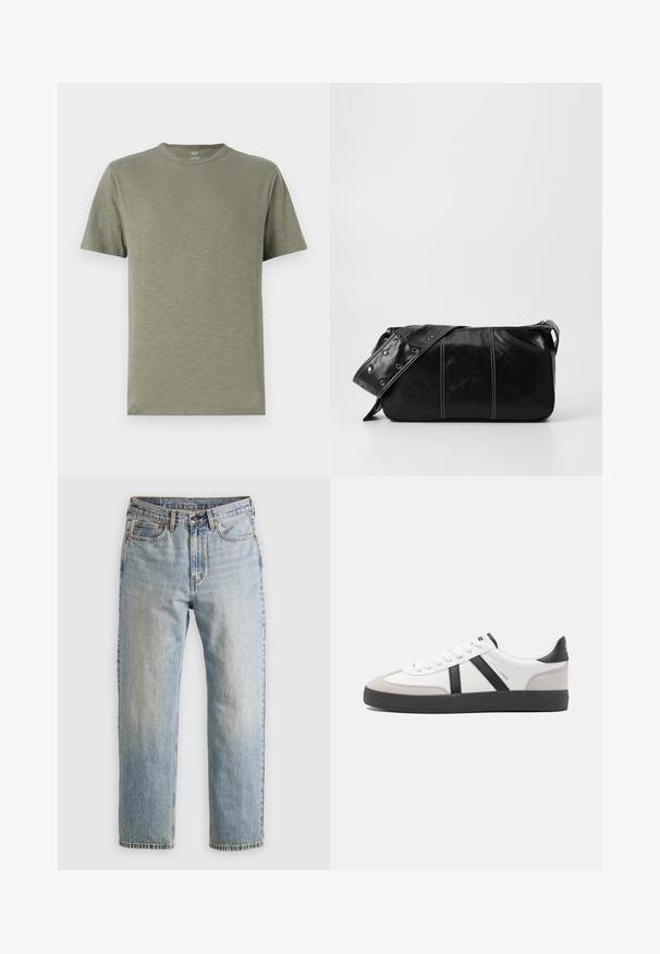 Olive green cotton t-shirt with a crew neckline, short sleeves, and a soft, smooth texture. Plain design with no patterns or accents.; Light blue denim jeans with high waist, front button, zipper, and five-pocket design, laid flat on a neutral background.; White sneaker with black and gray accents, featuring a textured gray toe cap, black rubber sole, and flat white laces. Clean design, minimalist style.; Black leather shoulder bag with a zip closure, featuring a textured body, white stitching, and a strap with silver grommets.