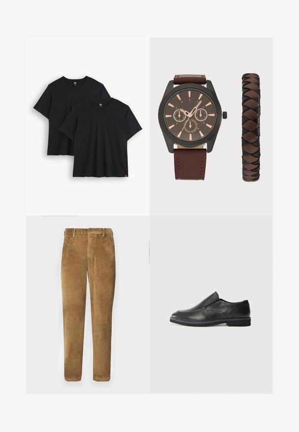 Due magliette di cotone nere a maniche corte, con scollo rotondo e vestibilità rilassata. Ognuna presenta un piccolo etichetta tessuta sull'orlo.; Pantaloni in corduroy marroni con texture a coste verticali, taglio dritto, chiusura con bottone e passanti per cintura. Tessuto morbido con una finitura liscia.; Scarpa nera in pelle con inserto scivolare, superiore liscio, dettagli cuciti, punta arrotondata e tacco in gomma basso. La suola presenta un battistrada minimale.; Pier One SET - Orologio - black/brown; Pier One SET - Orologio - black/brown