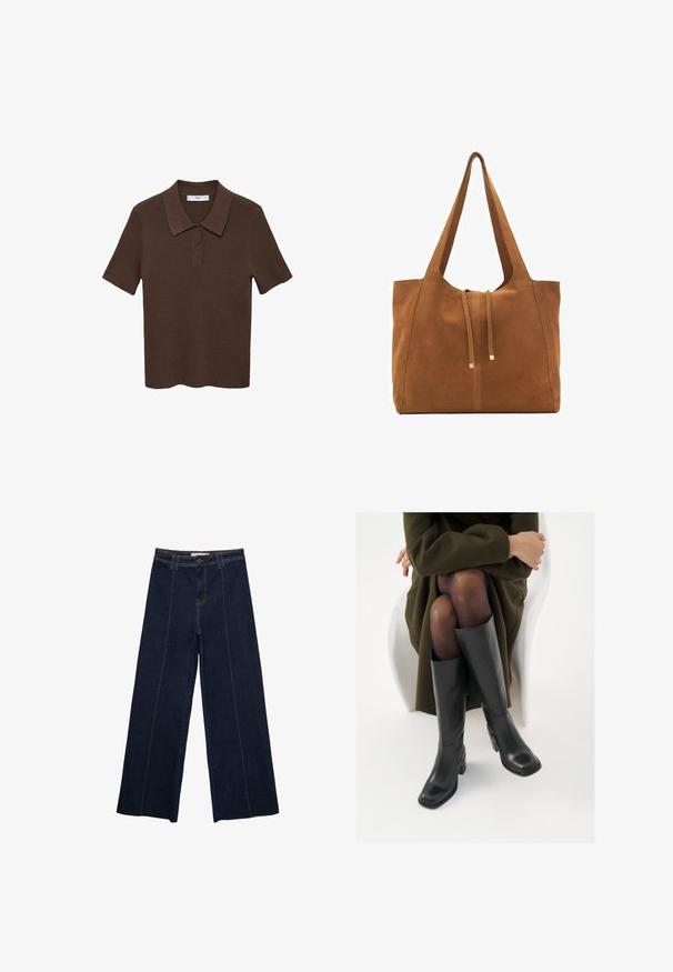 Hnedý polo tričko s krátkym rukávom vyrobené z rebrového materiálu s golierom a zapínaním na tri gombíky. Má jednotnú farbu a uvoľnený strih.; Široké nohavice z tmavého denim materiálu s kontrastným prešívaním, vysokým pásom a rovnym strihom. Obsahujú predné vrecká a klasické zapínanie na gombík.; Čierne kožené čižmy po kolená so štvrtým prstom a blokovým opätkom, zobrazené s modelom sediacim v olivovo zelenej bunde. Hladká textúra, minimálne detaily.; Hnedá semišová taška cez rameno s dvoma dlhými popruhmi, sťahovacou šnúrkou a minimalistickým dizajnom. Hladký povrch a žiadne viditeľné kovové doplnky.