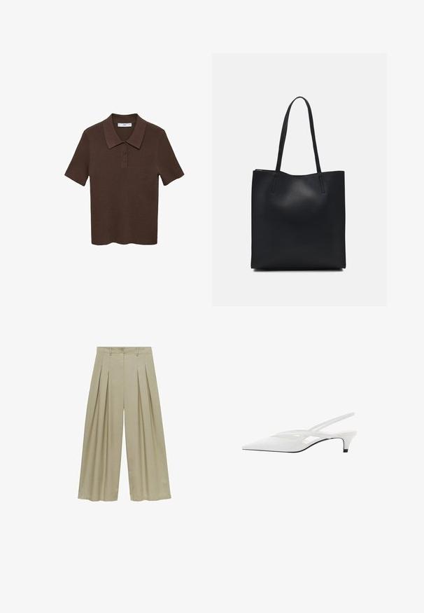 Hnědá polokošile s krátkým rukávem vyrobená z ribstého materiálu, s límcem a zapínáním na tři knoflíky. Disponuje jednobarevným designem a volným střihem.; Mango Kalhoty - light green; Bílé slingback podpatky se špičatou špičkou, s hladkým svrškem, jemnými výřezy a nízkým blokovým podpatkem. Černá podrážka zvýrazňuje design.; Černá kožená taška přes rameno s hladkým povrchem, obdélníkovým tvarem a dvěma dlouhými uchy. Žádné viditelné kování ani ozdoby.