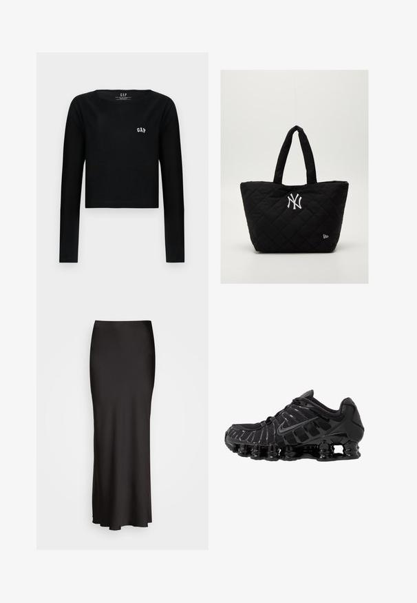 Black long-sleeve crop top made of cotton with a rounded neckline and white embroidered "GAP" logo on the chest. Smooth texture.; Black, floor-length satin skirt with a smooth texture, fitted waistband, and A-line silhouette, featuring no visible embellishments or patterns.; Black athletic shoe with mesh upper and glossy overlays. Features curved coil cushioning and textured lines on the side. Nike logo visible.; Quilted black tote bag with double handles, featuring a white New York Yankees logo and a small brand emblem on the side.