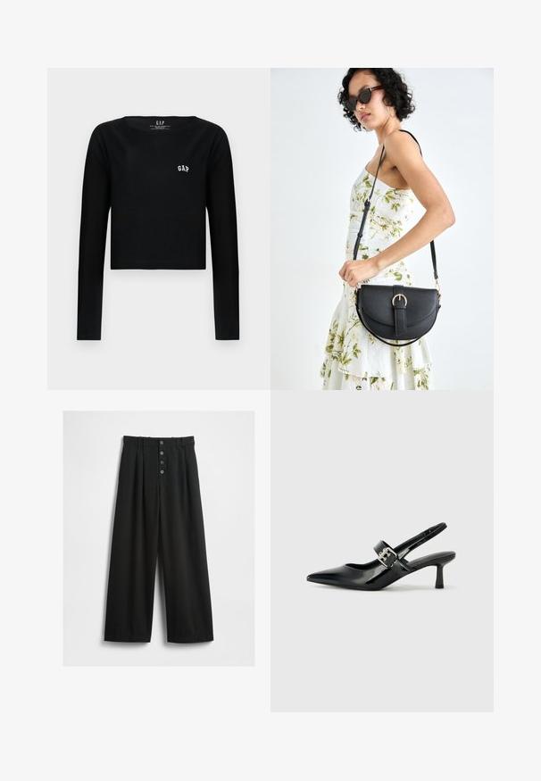 Top curto preto de mangas longas em algodão, com decote redondo e logotipo "GAP" bordado em branco no peito. Textura suave.; Calças largas pretas feitas de um tecido texturizado. Apresenta uma cintura alta, fecho frontal com cinco botões e pregas vincadas para um detalhe adicional.; Saltos slingback em verniz preto com bico pontiagudo e um pequeno salto bloco, apresentando um detalhe de fivela prateada na tira.; Bolsa de couro preta com forma curva, alça destacável e detalhes em dourado. A bolsa possui uma aba com detalhe de fivela.