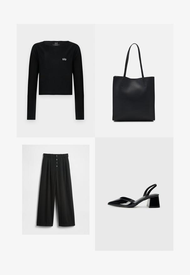 Must have varrukatega must crop-top, mis on valmistatud puuvillast, ümmarguse kaelusega ning valge broderiga "GAP" logo rinnal. Sile tekstuur.; Laiad mustad püksid, mis on valmistatud tekstuuriga kangast. Omab kõrget vööd, viie nööbiga esist fasteningut ja pressitud voldid lisadetailideks.; Mustad musta lakknahk kingad, millel on terav varvas ja geomeetriline plokkkonts. Omab elegantselt minimalistlikku disaini ja sujuvat tekstuuri.; Mustast nahast kott sujuva tekstuuriga, ristkülikukujuline ja kahe pika sangaga. Pole nähtavat riistvara ega kaunistusi.