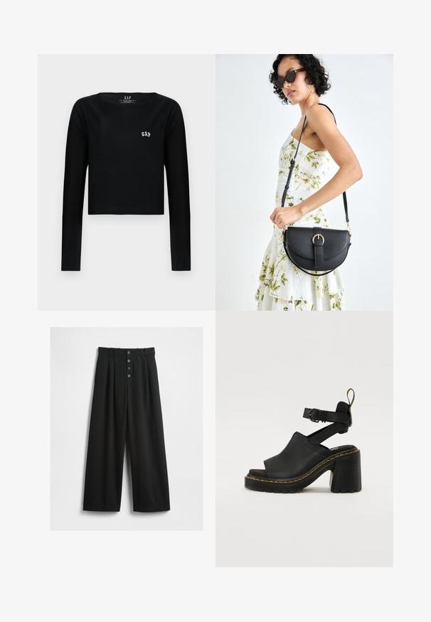 Must have varrukatega must crop-top, mis on valmistatud puuvillast, ümmarguse kaelusega ning valge broderiga "GAP" logo rinnal. Sile tekstuur.; Laiad mustad püksid, mis on valmistatud tekstuuriga kangast. Omab kõrget vööd, viie nööbiga esist fasteningut ja pressitud voldid lisadetailideks.; Mustad musta värvi sandaalid avatud varvastega, reguleeritava pahkluuringiga, sile nahk ülemine osa ja tekstureeritud kummist tald, millel on kollased õmblused.; Mustmust mustraha kõverate joontega, eemaldatava rihmaga ja kuldsete detailidega. Kotil on klapp, millel on pandladetail.