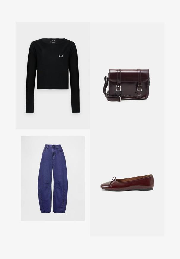 Musta pitkähihaine crop top, joka on valmistettu puuvillasta ja jossa on pyöreä kaula-aukko sekä valkoinen brodeerattu "GAP" -logo rinnassa. Sujuva rakenne.; Violet farkut, joissa on korkea vyötärö ja löysä istuvuus, etutaskut, napitus sekä ommellut yksityiskohdat polvien alueella.; Burgundin värinen lakattu nahkainen ballerinatossu pyöreällä varvaskärjellä, pienen nauhan yksityiskohdalla edessä ja matalalla mustalla kumipohjalla. Sujuva pinta.; Burgundin värinen lakattu nahkainen olkapussukka, jossa on suorakulmainen muoto, kaksi hihnaa, hopeiset yksityiskohdat ja läppäkiinnitys.