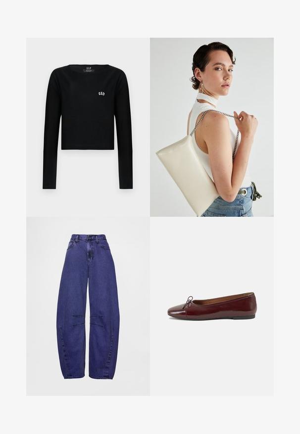 Crni dugi rukav uski top od pamuka s okruglim izrezom i bijelim izvezenim "GAP" logotipom na prsima. Glatka tekstura.; Traperice širokih nogavica ljubičaste boje s visokim strukom, prednjim džepovima i dva horizontalna šava preko nogu.; Burgundska lakirana balerinka s zaobljenim vrhom, malim mašnom sprijeda i niskom, crnom gumenom potplatu. Glatka tekstura.; Bijela pravokutna torbica s kopčanjem, izrađena od sjajnog materijala, s srebrnim lančićem. Model pozira, prikazujući torbicu na jednostavnoj pozadini.