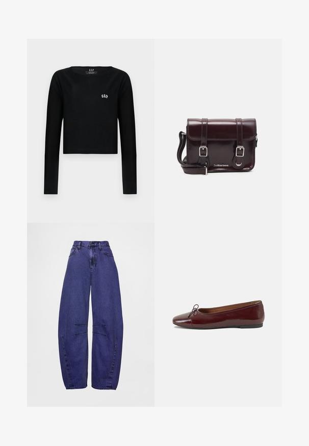 Svart langermet crop topp laget av bomull med rund hals og hvit brodert "GAP" logo på brystet. Glatt tekstur.; GAP PURPLE BARREL - Baggy jeans - blue iris; Burgunderrød lakk lær ballettleilighet med rund tå, liten sløyfe foran og en lav, svart gummisåle. Glatt tekstur.; Burgunderfarget patentlær crossover-veske med rektangulær form, to stropper, sølvfarget hardware og klaffelukking.