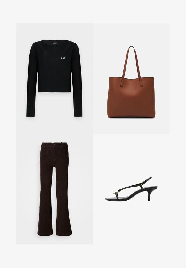 Črn dolg rokav prirezani zgornji del iz bombaža z okroglo ovratnico in belim izvezenim logotipom "GAP" na prsih. Gladka tekstura.; Rjave manjšane hlače iz žametne tkanine z teksturirano površino, z zapiranjem na gumbe spredaj, z zankami za pas in dvema zadnjima žepoma.; Črne usnjene sandale s kitten peto, tankimi trakovi, zlate zaponke in minimalistično zanko za prste na beli podlagi.; Rjava usnjena torba z gladko teksturo, odprto zasnovo zgoraj in dvema naramnima trakovoma. Opremljena je z minimalnim šivanjem in brez vidnih kovinskih delov.