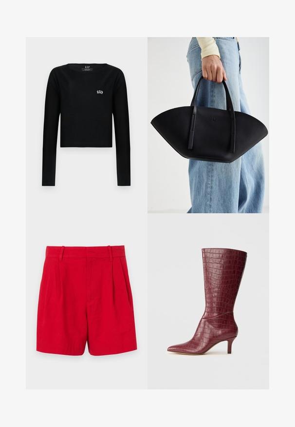 Juodas ilgas rankovės trumpas viršus, pagamintas iš medvilnės, su apvaliu iškirpimu ir balta siuvinėta "GAP" logotipu ant krūtinės. Lygus paviršius.; Raudoni lininiai šortai su aukštu liemeniu, su priekinėmis raukšlėmis, diržo kilpomis ir lygia tekstūra. Įprasta iškirptė su tvarkingai pritaikytu dizainu.; Aukštas burgundiškas kulkšninis botas su krokodilo tekstūra, smailiu pirštu ir mažais kulniukais neutralaus fono.; Juodas odinis rankinis uždangalas unikaliu ventiliatoriaus formos dizainu, turintis plokščias rankenas. Paviršius turi akmeninė tekstūrą ir minimalistišką dizainą.