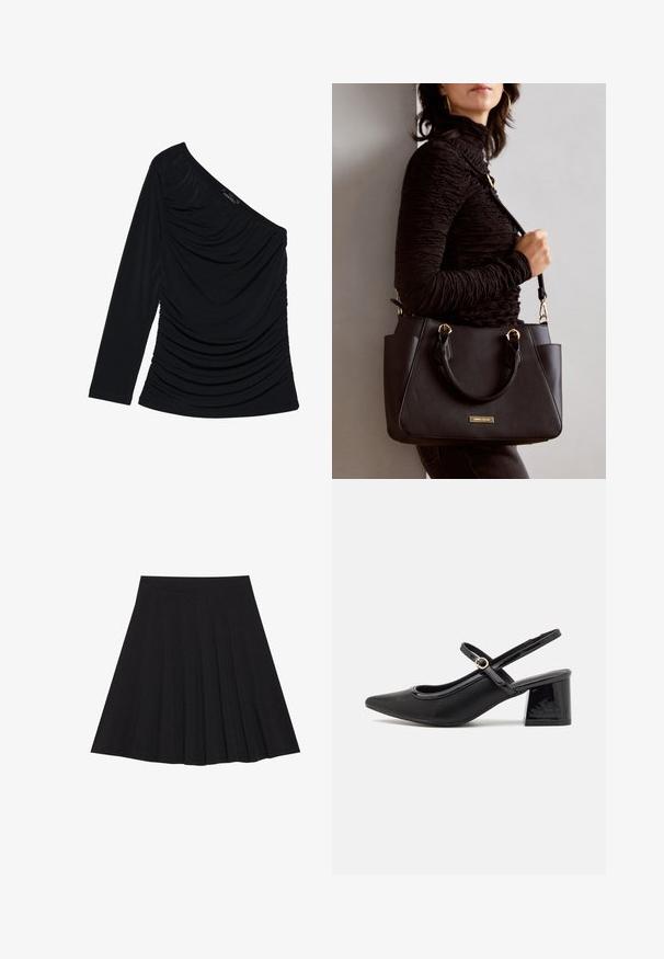 Black long-sleeve top featuring a one-shoulder design, textured ruching along the front, and a smooth fabric finish.; Black pleated skirt made of textured fabric with a fitted waistband. Falls to knee length, featuring a smooth, clean silhouette.; Black patent leather slingback heels with a pointed toe, a rounded cutout design, and a block heel. Features a gold-tone buckle accent.; Black handbag with textured surface, dual top handles, and adjustable shoulder strap. Features gold-tone hardware and side pockets.