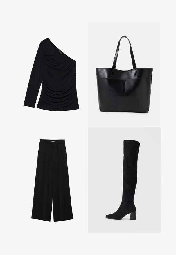 Black long-sleeve top featuring a one-shoulder design, textured ruching along the front, and a smooth fabric finish.; Black wide-leg pants featuring a textured fabric, an elastic waistband, and a detachable sash tie at the waist for adjustable fit.; Black suede knee-high boot with block heel, pointed toe, and smooth, seamless design on a plain light background.; Black leather tote bag with two long handles, a smooth texture, and a structured shape. Features a front pocket for additional storage.