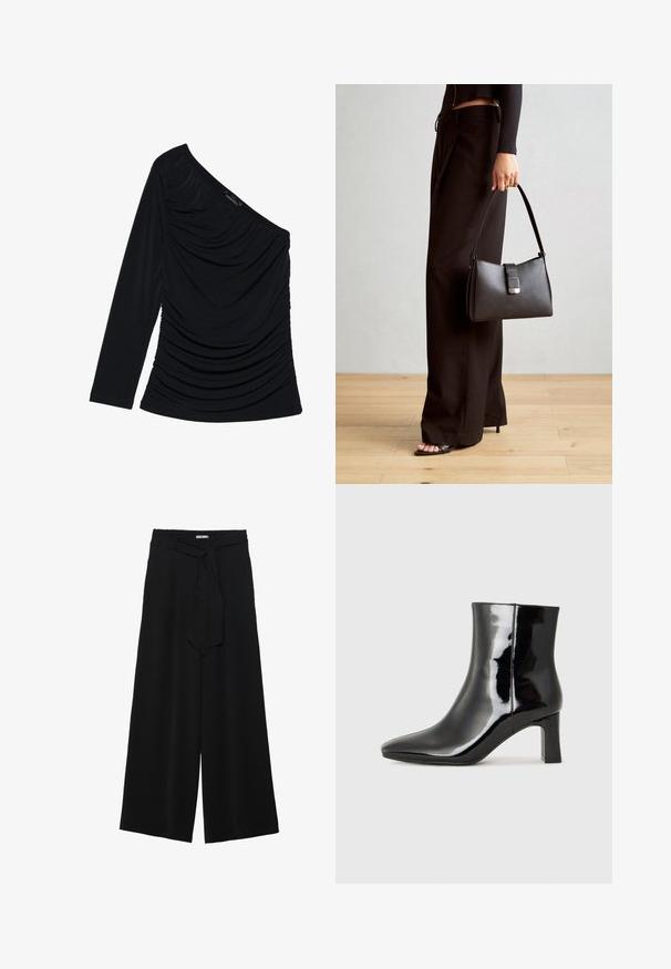 Fekete, hosszú ujjú felső, egy vállra szabott kialakítással, texturált redőzéssel az elején és sima anyagfelülettel.; Fekete, bő szárú nadrág, texturált anyagból, rugalmas derékpánttal és levehető sállal a derekán, amely állítható illeszkedést biztosít.; Fekete lakk bőrcipő bokáig érő, hegyes orral és közepes magasságú tömbsarokkal. Simább textúrával és minimalista dizájnnal rendelkezik.; Fekete kézi táska strukturált formával, sima textúrával és fémből készült záródással. Széles fekete nadrággal és nyitott orrú szandállal párosítva, fából készült padlón.