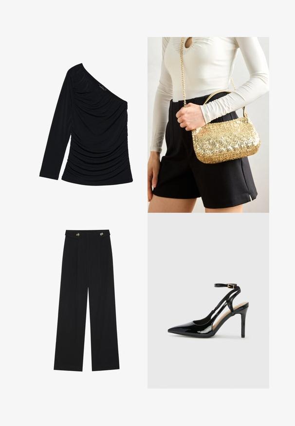 Juoda ilgomis rankovėmis palaidinė su vieno peties dizainu, tekstūruota raukšlėmis priekyje ir lygiu audinio paviršiumi.; Juodi plačios kojos kelnės su aukštu liemeniu, sagų detalėmis ant liemens ir priekinėmis raukšlėmis.; Juodas patentuotas odinis aukštakulnis batelis su siauru pirštu, reguliuojama kulkšnies juosta ir atvirais šonais. Lygi tekstūra.; Aukso blizgučių rankinė su stačiakampio forma, turinti trumpą rankeną ir ilgą grandinėlę. Paviršius yra blizgus ir atspindintis.