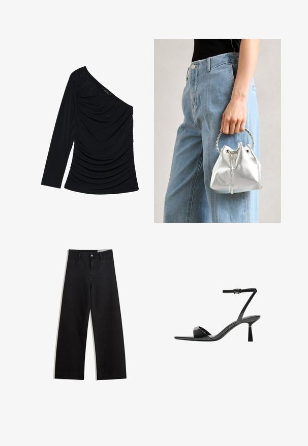 Svart långärmad topp med en axel, texturerad ruching framåt och en slät tygfinish.; Svarta vida denimbyxor med hög midja, med fram- och bakfickor, sydda sömmar och knappstängning. Slät textur.; Bershka Sandaletter - black; Metallisk silverfärgad bucket-väska med en strukturerad yta, prydd med ett silverfärgat runt handtag och dragsko-stängning, hålls mot ljusblå jeans.