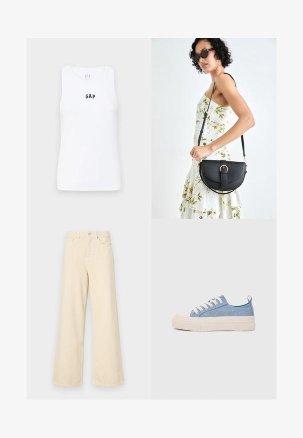 GAP LOGO HALTER - Top - optic white; Jeans de perna larga bege feitos de algodão. Apresentam um fecho de botão, passadores para cinto e bolsos frontais com uma textura lisa e suave.; Ténis de lona azul claro com uma biqueira e sola de borracha creme, apresentando atacadores brancos e uma alça na parte de trás.; Bolsa de couro preta com forma curva, alça destacável e detalhes em dourado. A bolsa possui uma aba com detalhe de fivela.
