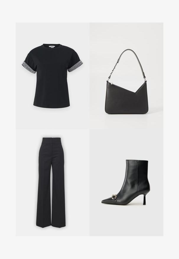 Črna majica s krogasto izrezom in kratkimi, zvitimi rokavi, okrašena s srebrnimi rhinestones ob robu. Mehka tekstura tkanine.; Široke hlače iz črnega blaga z visokim pasom, s čisto obdelavo in gladko teksturo. Brez vidnih dodatkov ali vzorcev.; Črne usnjene gležnjarje s koničastim nosom, ozkim srednjem petam in srebrno zaponko na strani na enobarvni podlagi.; Črna usnjena torbica s trikotno obliko, ozkim trakom in srebrnimi dodatki. Ima zadrgo in vtisnjen logotip spredaj.