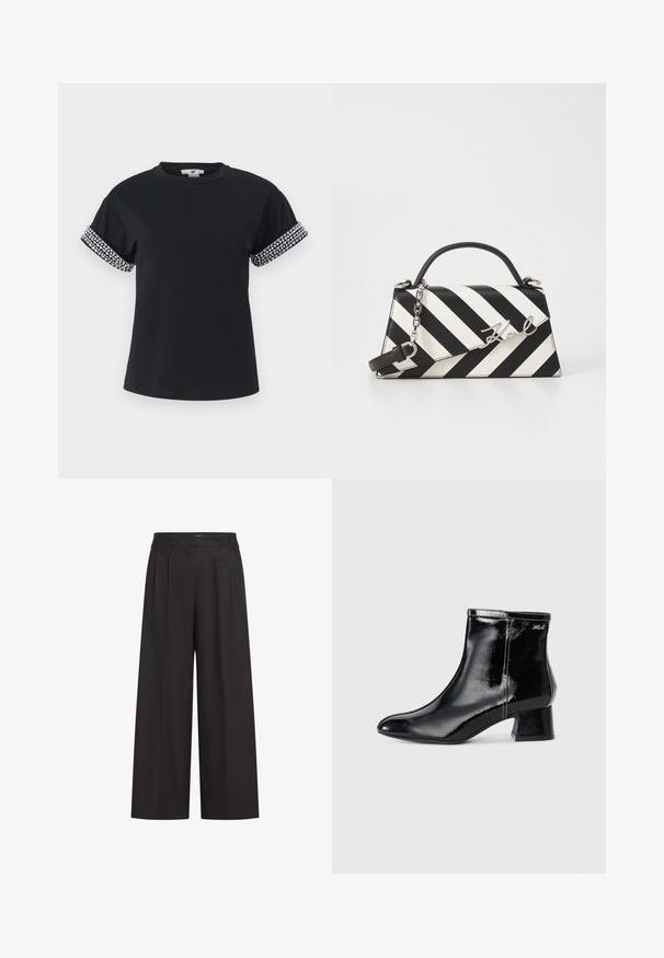Černé tričko s kulatým výstřihem a krátkými, ohrnutými rukávy zdobenými stříbrnými kamínky podél spodního lemu. Měkký textilní povrch.; Černé široké kalhoty s vysokým pasem, se záhyby vpředu a hladkým povrchem. Vyrobené z lehkého materiálu.; KARL LAGERFELD BONNIE - Kotníkové boty - black; Černo-bílá pruhovaná kabelka se strukturovaným tvarem, vybavená horní rukojetí, odnímatelným řetízkem a kovovým logem.