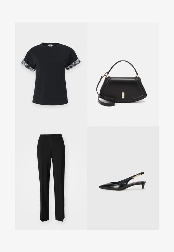 Black T-shirt with a round neckline and short, rolled sleeves adorned with silver rhinestones along the hem. Soft fabric texture.; Black tailored trousers with a straight-leg design, featuring a smooth texture and crisp creases along the front. No visible hardware.; Black leather slingback heels with a pointed toe, featuring a slim heel and a gold-tone accent on the adjustable strap. Smooth texture.; Black leather handbag with a structured design, featuring a cropped shape, top handle, and gold hardware accent. Adjustable shoulder strap included.