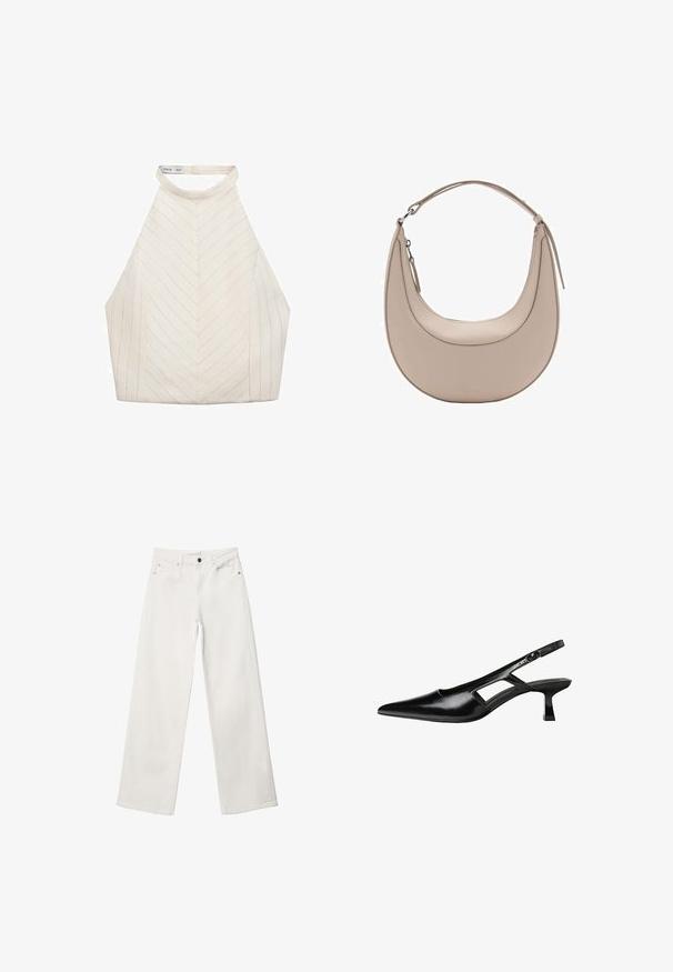 Krémová halterneck top s chevronovým vzorom, ktorý má vysoký výstrih a hladký, jemný materiál. Žiadne viditeľné kovanie ani akcenty.; Biele široké džínsy vyrobené z denimu, s vysokým pásom, dizajnom s piatimi vreckami a kovovým zapínaním. Hladká textura, bez vzorov.; Čierne lakované kožené lodičky na podpätku s špicatou špičkou, výrezovým dizajnom na boku a malým štvorcovým podpätkom. Hladký povrch s minimálnymi akcentmi.; Béžová kožená taška cez rameno s polkruhovým tvarom, hladkou textúrou a jedným zakriveným uchom. Obsahuje zipsové uzatváranie a úhľadné švy.