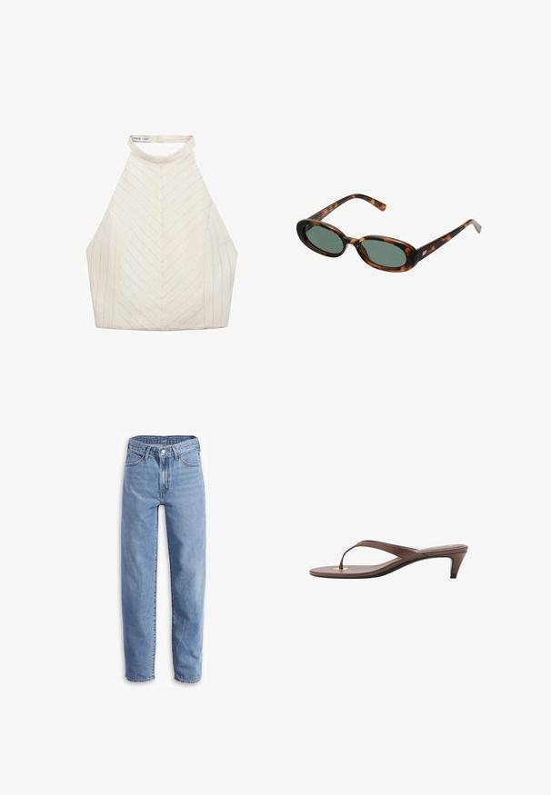 Top halter crema con un motivo a zigzag, caratterizzato da un collo alto e un tessuto liscio e seta. Nessuna ferramenta o accenti visibili.; Jeans azzurri chiari in denim, con una vestibilità rilassata, gamba dritta, design a cinque tasche e orli sfilacciati per un aspetto casual.; Infradito con tacco marroni, dotati di una fascia sottile e un puntale arrotondato, con un piccolo dettaglio dorato sulla soletta.; Occhiali da sole tartarugati con montatura ovale e lenti verdi. Presentano aste sottili con un accento metallico vicino alle cerniere.; Borsa in suede tan con due manici lunghi, forma rettangolare e cuciture decorative. Presenta una tracolla laterale e sottili dettagli in oro.