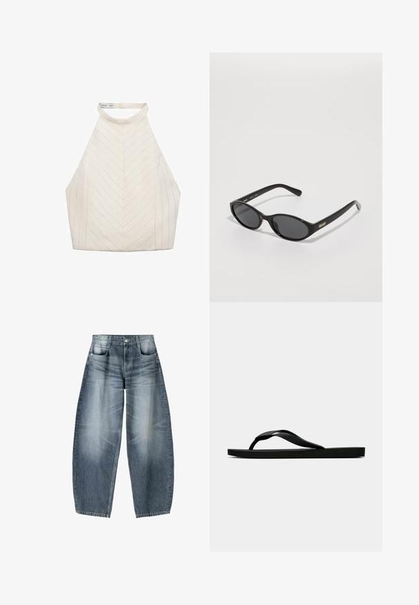 Krémová halterneck top s chevronovým vzorom, ktorý má vysoký výstrih a hladký, jemný materiál. Žiadne viditeľné kovanie ani akcenty.; Džínsy s širokými nohavicami vyrobené z svetlomodrého denim materiálu s opotrebovaním, s piatimi vreckami, zapínaním na gombík a minimálnym prešívaním.; Čierne gumené žabky s textúrovaným popruhom a jednoduchou plochou podrážkou, zobrazené z boku na jednofarebnom svetlom pozadí.; Čierne slnečné okuliare s okrúhlymi sklenými šošovkami, lesklý plastový rám a logo "QUAY" v zlatej farbe na boku. Obsahujú tmavo zatienené sklá.
