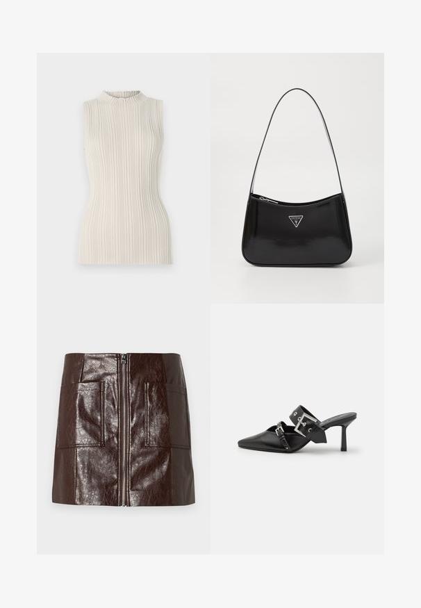 Bezramenný top v světle béžové barvě, s ribbed texturou a vysokým, nabíraným límcem. Přiléhavý střih zvýrazňuje postavu.; Hnědá mini sukně z umělé kůže s předním zipem, dvěma velkými předními kapsami a hladkou, lesklou texturou.; Černé muly na vysokém podpatku s špičatou špičkou, vyrobené z hladké kůže. Mají široký pás kolem kotníku se čtvercovou stříbrnou sponou a cvočky.; Černá lakovaná kůže na ramenní tašce s prohnutým tvarem, vyznačující se stříbrným trojúhelníkovým logem a zipovým uzavřením. Hladký povrch a úzký popruh.