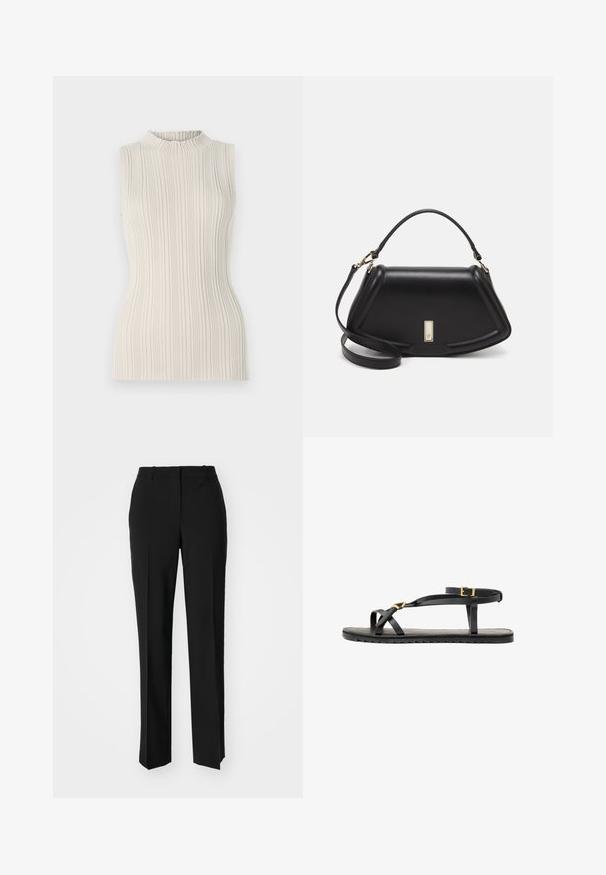 Top sin mangas en un suave beige, con una textura acanalada y un escote alto y fruncido. La silueta ajustada realza la figura.; Pantalones negros ajustados con un diseño de pierna recta, que presentan una textura suave y pliegues nítidos en el frente. Sin herrajes visibles.; Sandalias de cuero negro con tiras delgadas y una correa de tobillo con hebilla. Suela plana con un acabado texturizado y borde en zigzag. Diseño minimalista.; Bolso de mano de cuero negro con un diseño estructurado, que presenta una forma recortada, asa superior y acentos en dorado. Correa de hombro ajustable incluida.