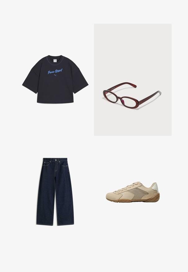 Tummansininen ylipitkä t-paita, joka on valmistettu puuvillasta. Edessä on vaaleansinisellä brodeerattu "Puma Resort" -teksti, ja siinä on pyöreä kaula-aukko sekä lyhyet hihat.; Tummansiniset leveälahkeiset farkut, joissa on etutaskut, nappisuljenta ja näkyvät saumat valkoisella taustalla.; Vaahto-harmaa urheilukenkä, jossa on mokkanahkainen ja verkkomainen yläosa, teksturoitu kumipohja ja litteät nauhat. Sileät yksityiskohdat kantapäässä ja pyöristetty nenädesign.; Punaiset aurinkolasit, joissa on ovaalimuoto, kirkkaat linssit ja tyylikkäät ruskeat kehykset. Muotoilussa on hienovaraisia kaaria ja vähäisesti kiinnikkeitä.; Tan-väri nahkakäsilaukku, jossa on kaksinkertaiset kahvat ja irrotettava olkahihna. Varustettu kultasävyisellä lukkolla ja teksturoidulla pinnalla.