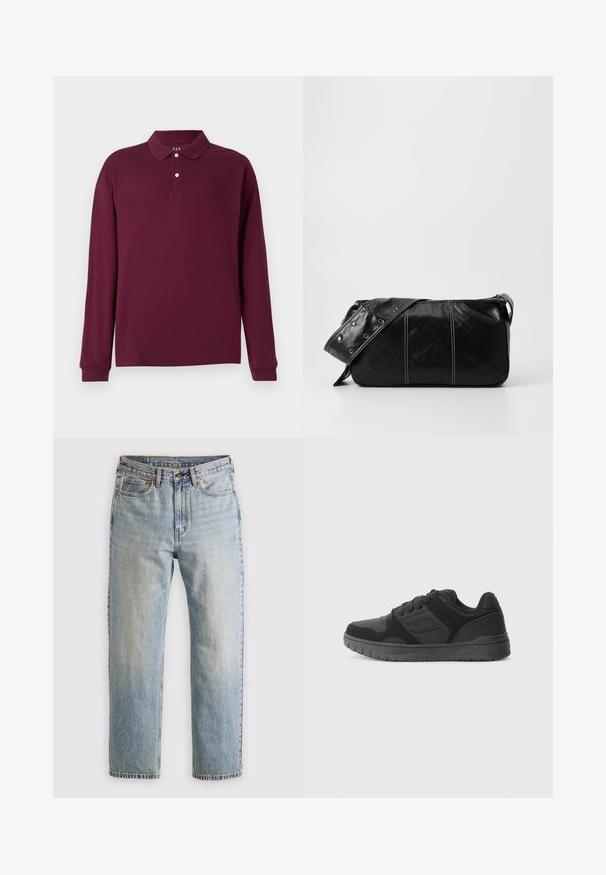 Bordeaux langærmet polo shirt, lavet af bomuld, med en klassisk krave, tre-knap lukning og ribstrikkede manchetter. Glat tekstur.; Lysblå denim jeans med høj talje, frontknap, lynlås og fem-lomme design, lagt fladt på en neutral baggrund.; Sort atletisk sko med en struktureret overdel, der har suéde- og mesh-detaljer, en polstret krave og en gummisål med et mønster.; Sort læder skuldertaske med lynlås, der har en tekstureret overflade, hvid syning og en rem med sølvøskner.