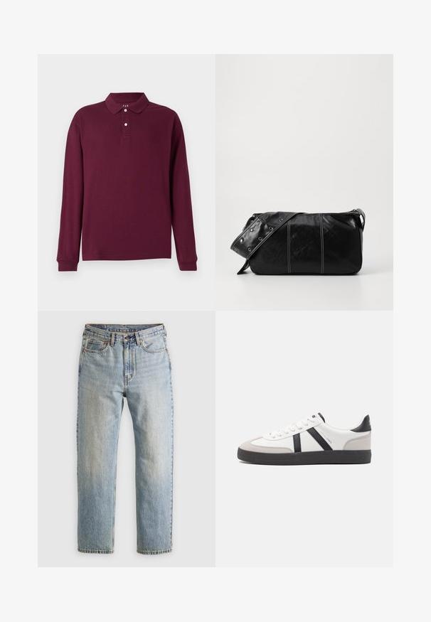 Burgundska majica s dugim rukavima, izradjena od pamuka, sa klasičnim ovratnikom, plaketom sa tri dugmeta i rebrastim manžetama. Glatka tekstura.; Svetlo modri džins hlače z visokim pasom, sprednjim gumbom, zadrgo in petimi žepi, laid flat na nevtralni podlagi.; Bela športna obutev z črnimi in sivo akcenti, z teksturirano sivo kapico za prste, črnim gumijastim podplatom in ravnimi belimi vezalkami. Čista zasnova, minimalistični slog.; Črna usnjena torba za ramo z zadrgo, ki ima teksturirano telo, belo šivanje in trak s srebrnimi luknjami.