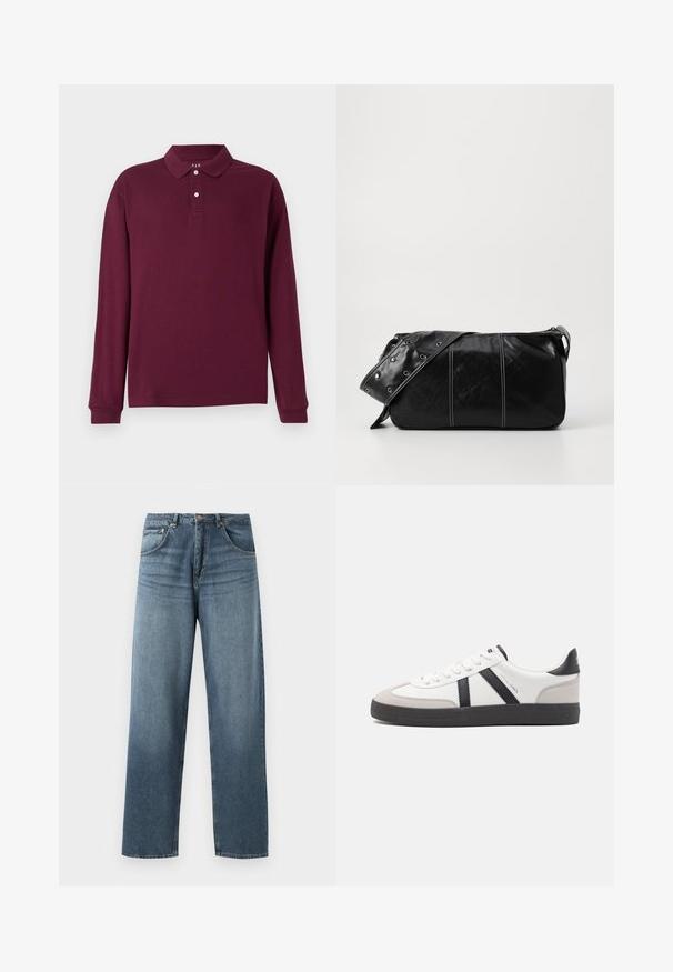 Burgundy långärmad polo tröja, tillverkad av bomull, med klassisk krage, treknappslå och ribbade manschetter. Slingerljus textur.; Raka jeans i blå denim med en blekt tvätt, med femfickorsdesign, metallknapp och bälteshällor. Strukturerad, medelviktig tyg.; Vit sneaker med svarta och grå accenter, med en strukturerad grå tådel, svart gummisul, och platta vita skosnören. Ren design, minimalistisk stil.; Svart läder axelväska med dragkedjestängning, som har en texturerad yta, vit sömnad och ett bälte med silveröglor.