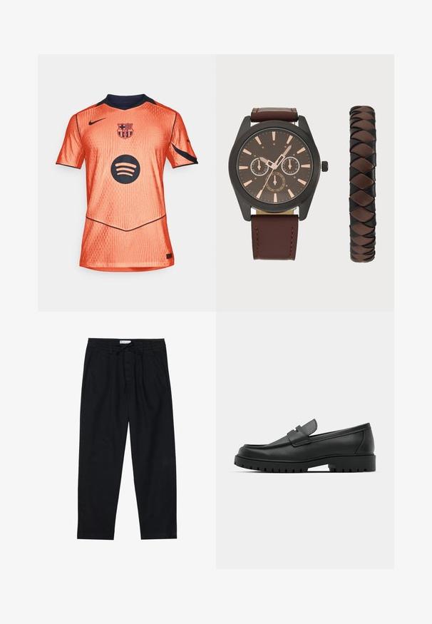 Orange sports trøje med korte ærmer, struktureret stof, marineblå accenter, med Barcelona-brevet og et sort Spotify-logo på forsiden.; Pier One Chino - black; Sorte læder loafers med rund tå, der har et syet design, lav platformssål og en struktureret, skridsikker gummisål.; Pier One SET - Ure - black/brown